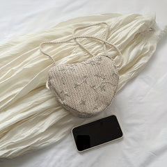 Casual Straw Woven Crossbody Bag Heart Shaped Flower Crossbody Bag