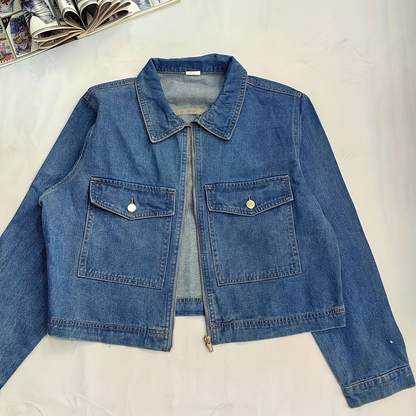 Women's Plus Denim Jacket Long Sleeve Zipper Collar Casual Top