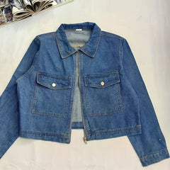 Women's Plus Denim Jacket Long Sleeve Zipper Collar Casual Top