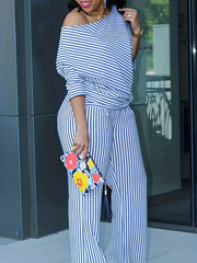 Plus Size Stripe One Shoulder Top & Pants Set
