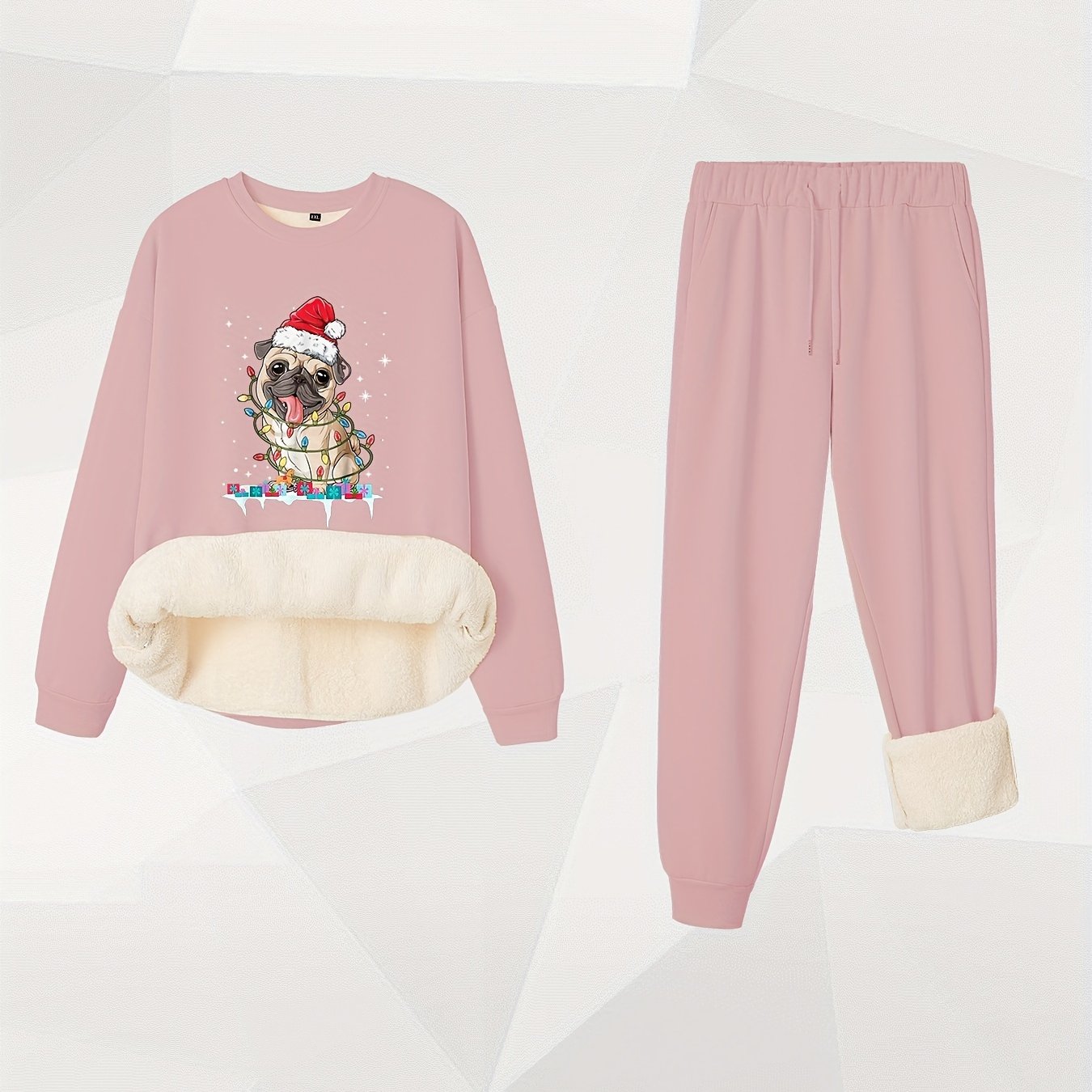 Plus Size Christmas Outfit Set Women's Hat & Puppy Fleece Top & Joggers