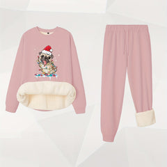 Plus Size Christmas Outfit Set Women's Hat & Puppy Fleece Top & Joggers