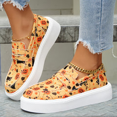 Women's Cat & Pumpkin Print Sneakers Casual Low Top Halloween Shoes