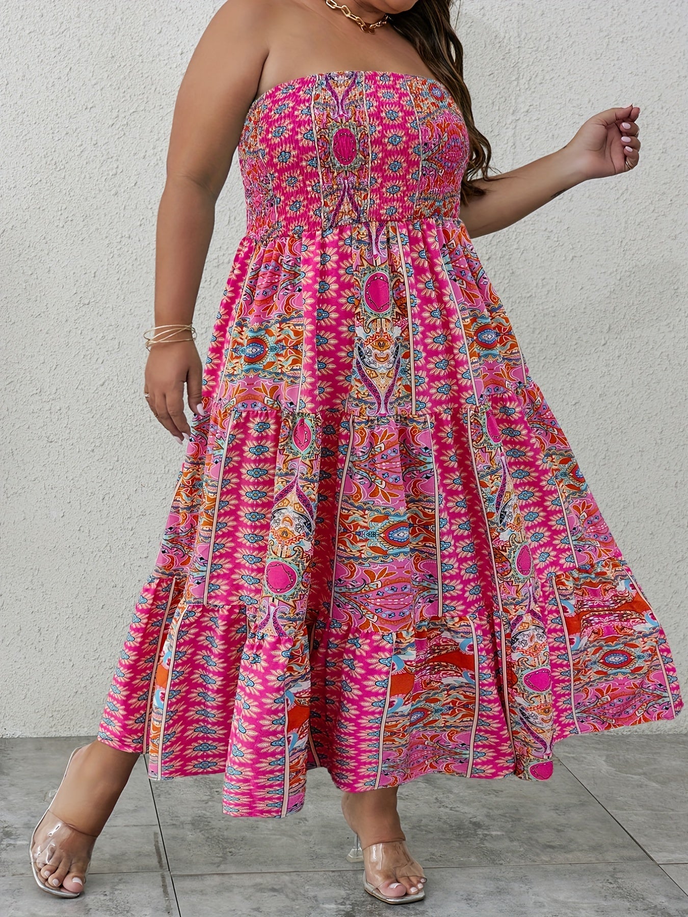 Boho Tube Dress Women's Plus Shirred Tribal Print Ruffle Trim