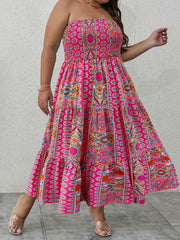 Boho Tube Dress Women's Plus Shirred Tribal Print Ruffle Trim