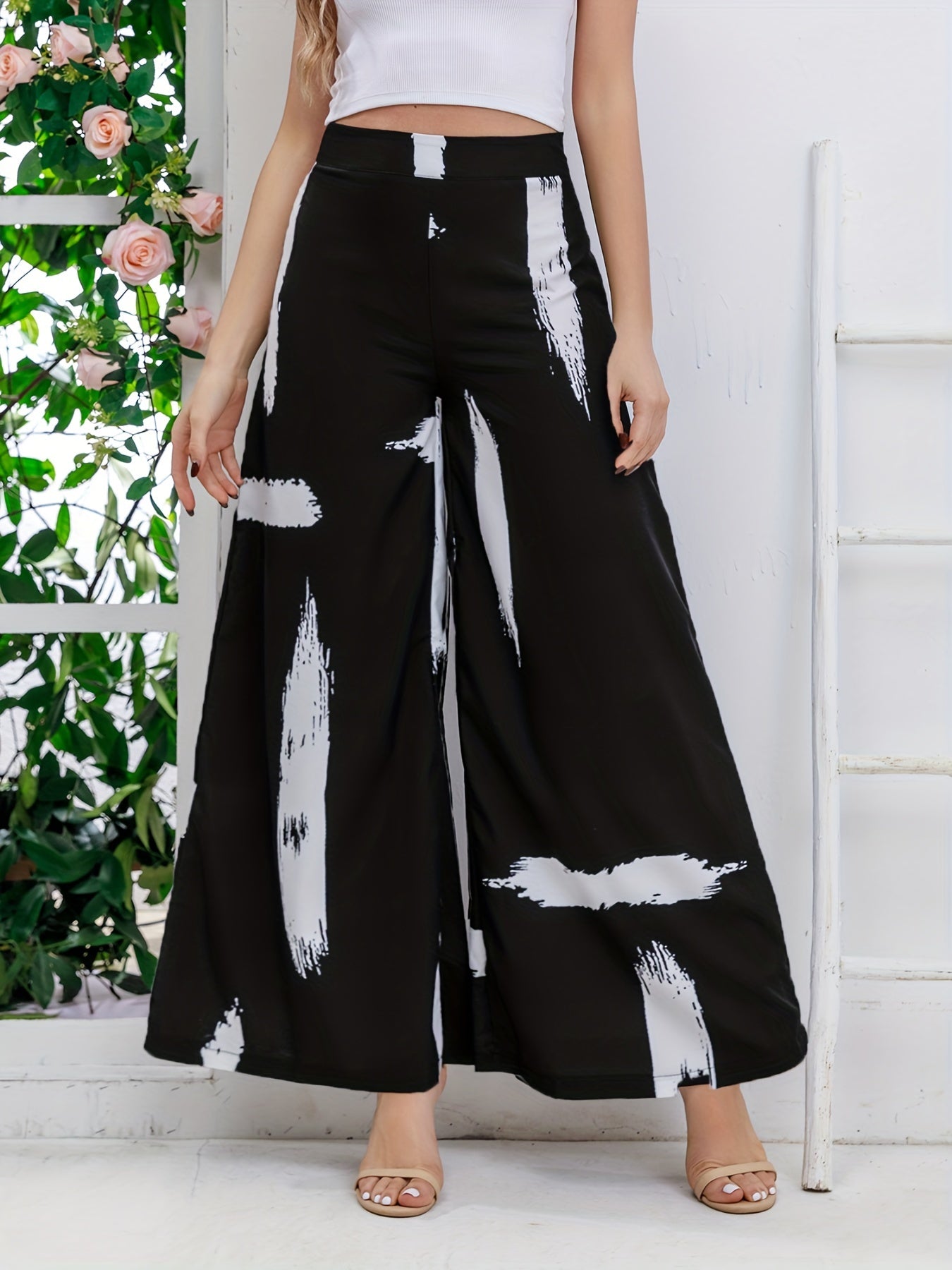 Random Print Wide Leg Pants High Waist Casual