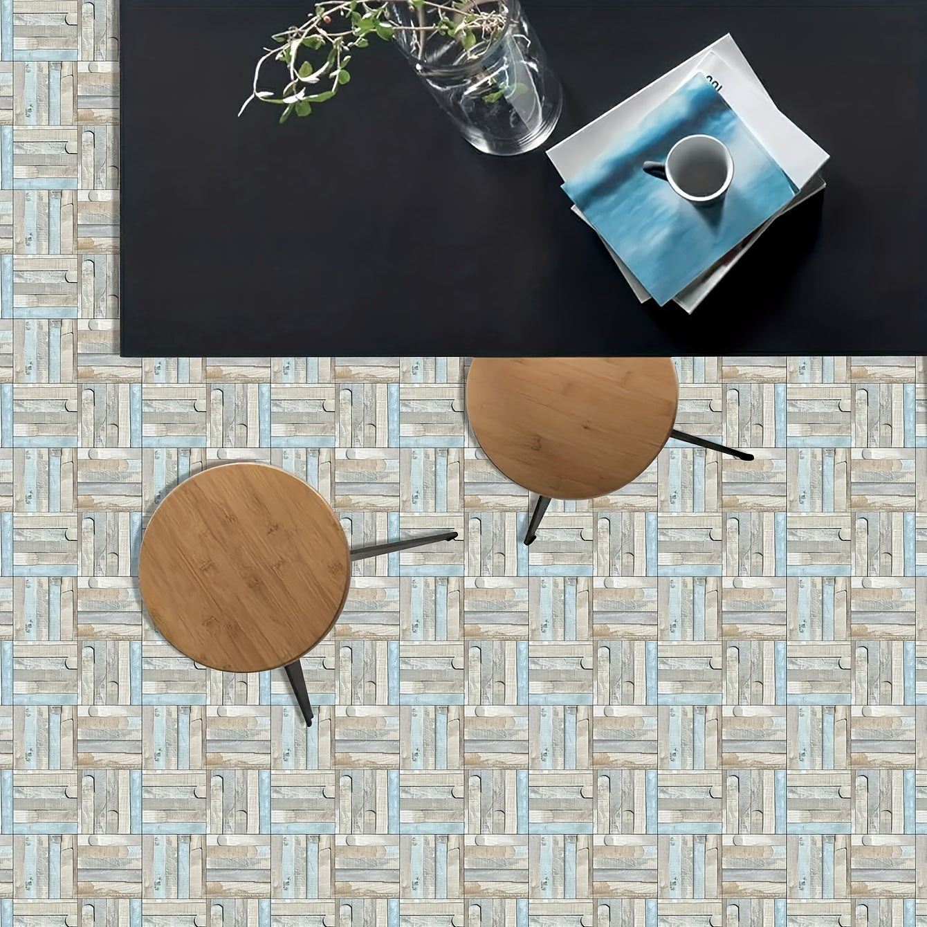 5pcs Light Brown Wood Grain Wall Sticker 20x20 Peel & Paste Matte Self-adhesive