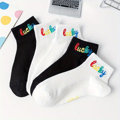 5 Pairs Letter Print Soft Short Socks Women's Stockings & Hosiery