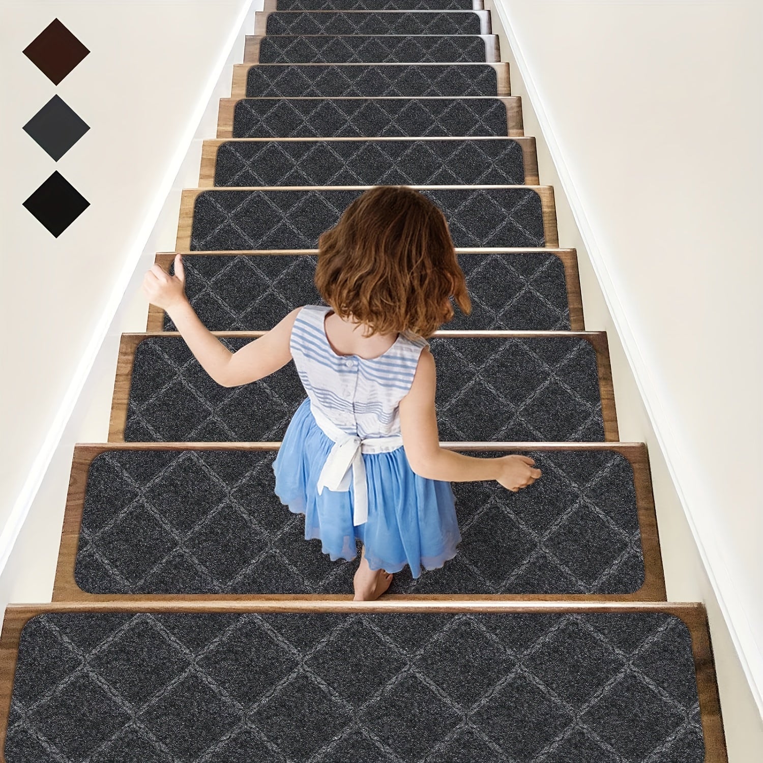 15pcs Stair Treads Carpet Non Slip Indoor Wood Stair Rugs 20 X 76 Diamond Gray