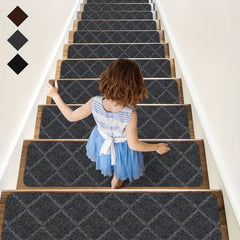 15pcs Stair Treads Carpet Non Slip Indoor Wood Stair Rugs 20 X 76 Diamond Gray