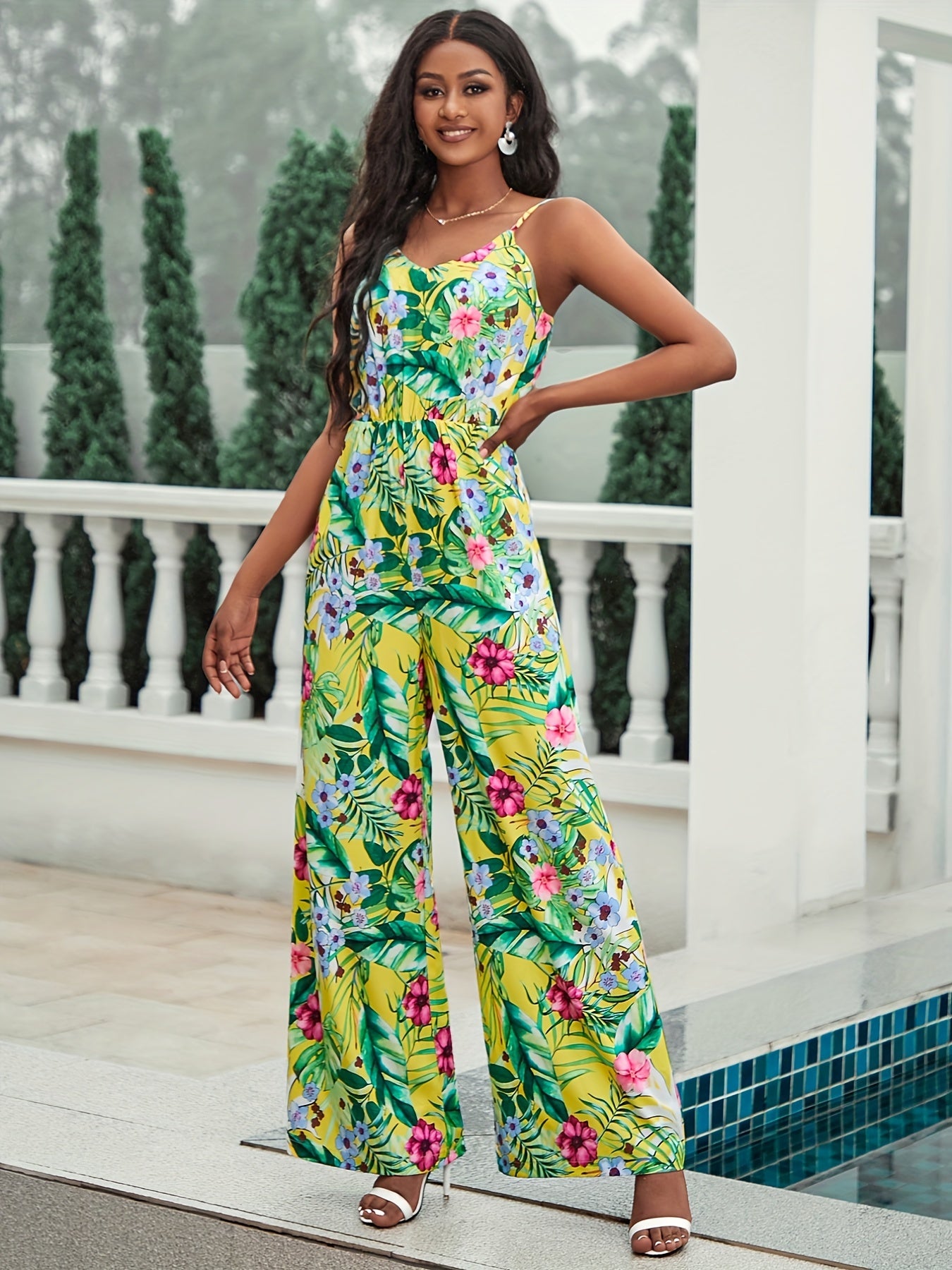 Floral Print Cami Jumpsuit Vacation Wide Leg Sleeveless V Neck Jumpsuit