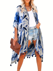 Floral Print Tassel Trim Batwing Sleeve Cover Up Kaftan
