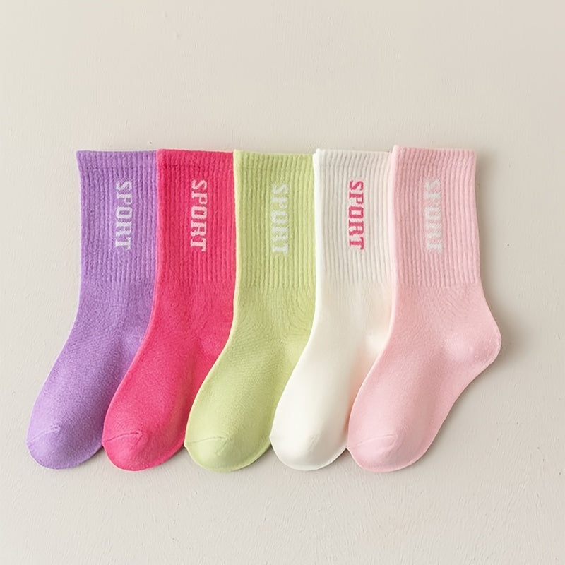 5 Pairs Girl's Letter Pattern Knitted Socks Breathable Crew Socks