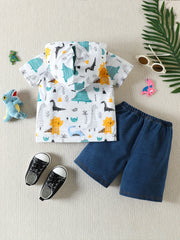 Boys Dino Print Hoodie & Denim Shorts Set