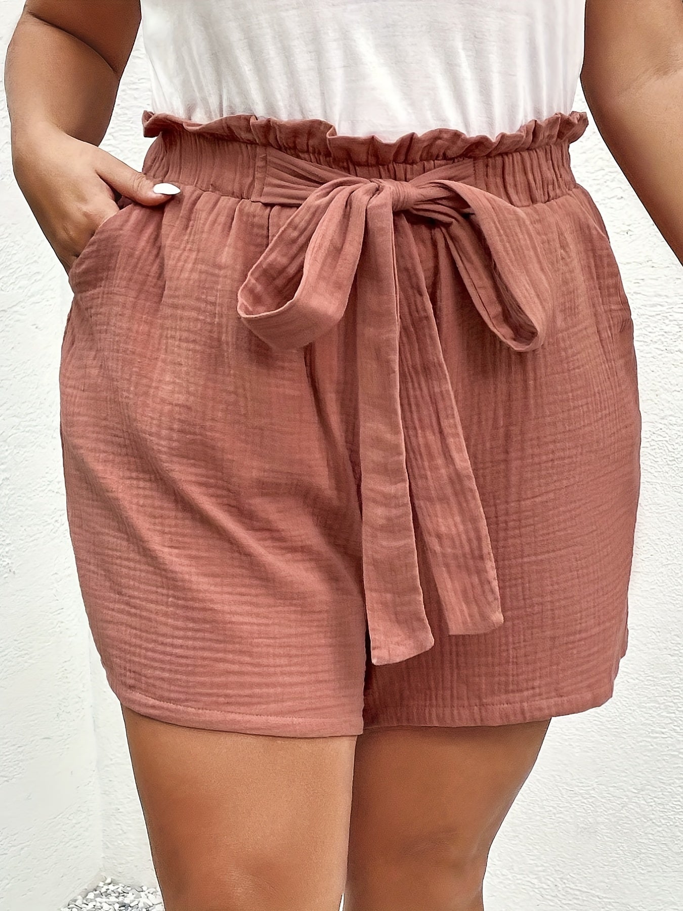 Casual Shorts Women's Plus Solid Paperbag Waist Belted Loose Shorts