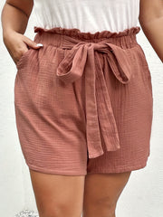 Casual Shorts Women's Plus Solid Paperbag Waist Belted Loose Shorts