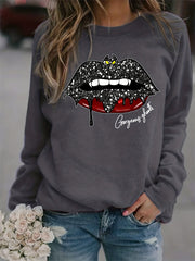 Bat Lip Print Sweatshirt Long Sleeve Crew Neck Women's Clothing