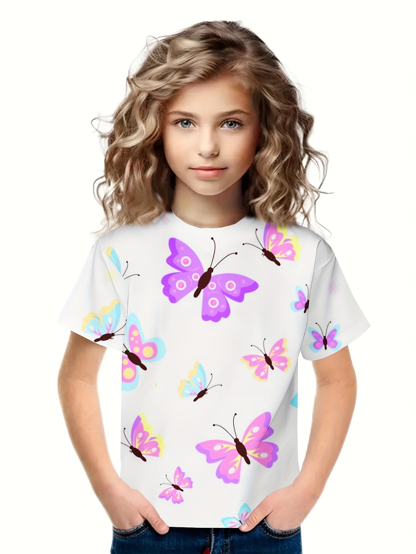 3D Butterfly Graphic Short Sleeve T-shirt for Girls Boys Summer Sports