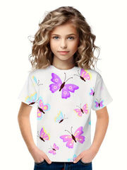 3D Butterfly Graphic Short Sleeve T-shirt for Girls Boys Summer Sports