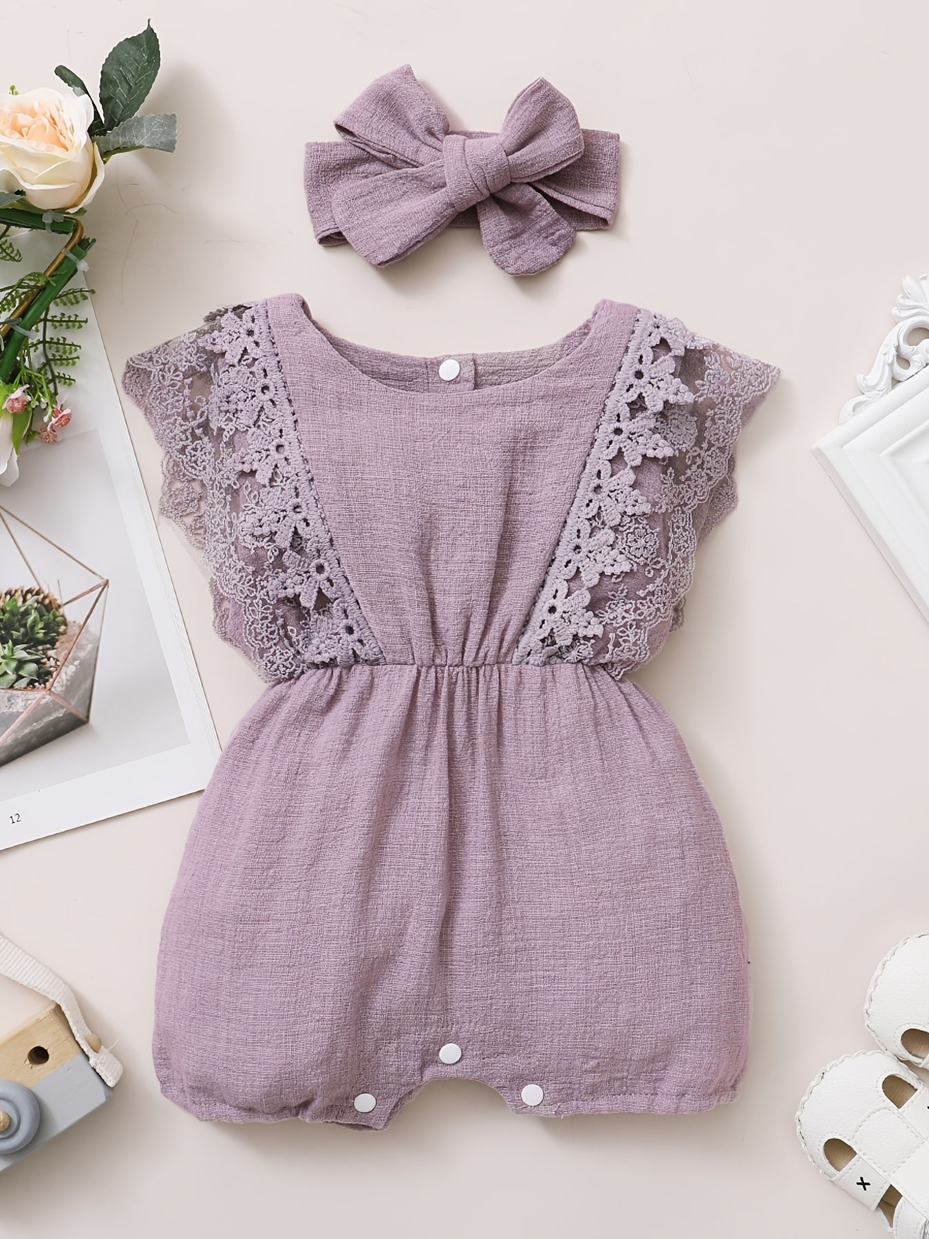 2pcs Baby Girls Lace Sleeveless Romper & Headband Set