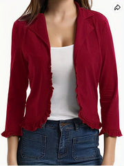 Ruffle Trim Blazer Solid Long Sleeve Lapel Women's Office Blazer