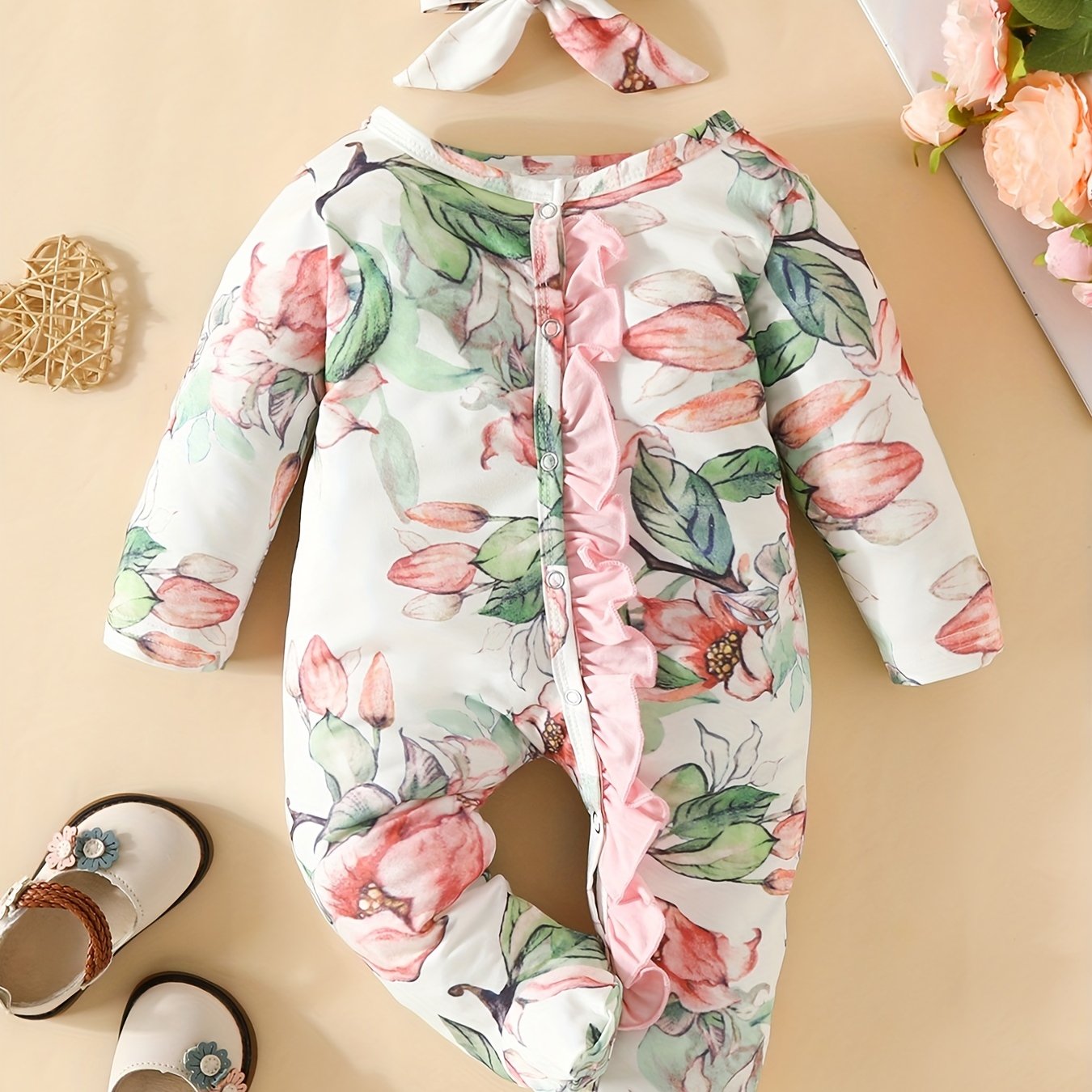 Baby Girl Flower Drawing Graphic Long Sleeve Romper