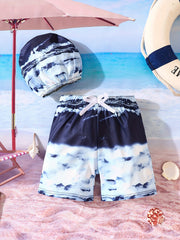 Boys Swim Trunks & Swim Hat 2pcs Ocean Digital Print Elastic Waist Beach Pants