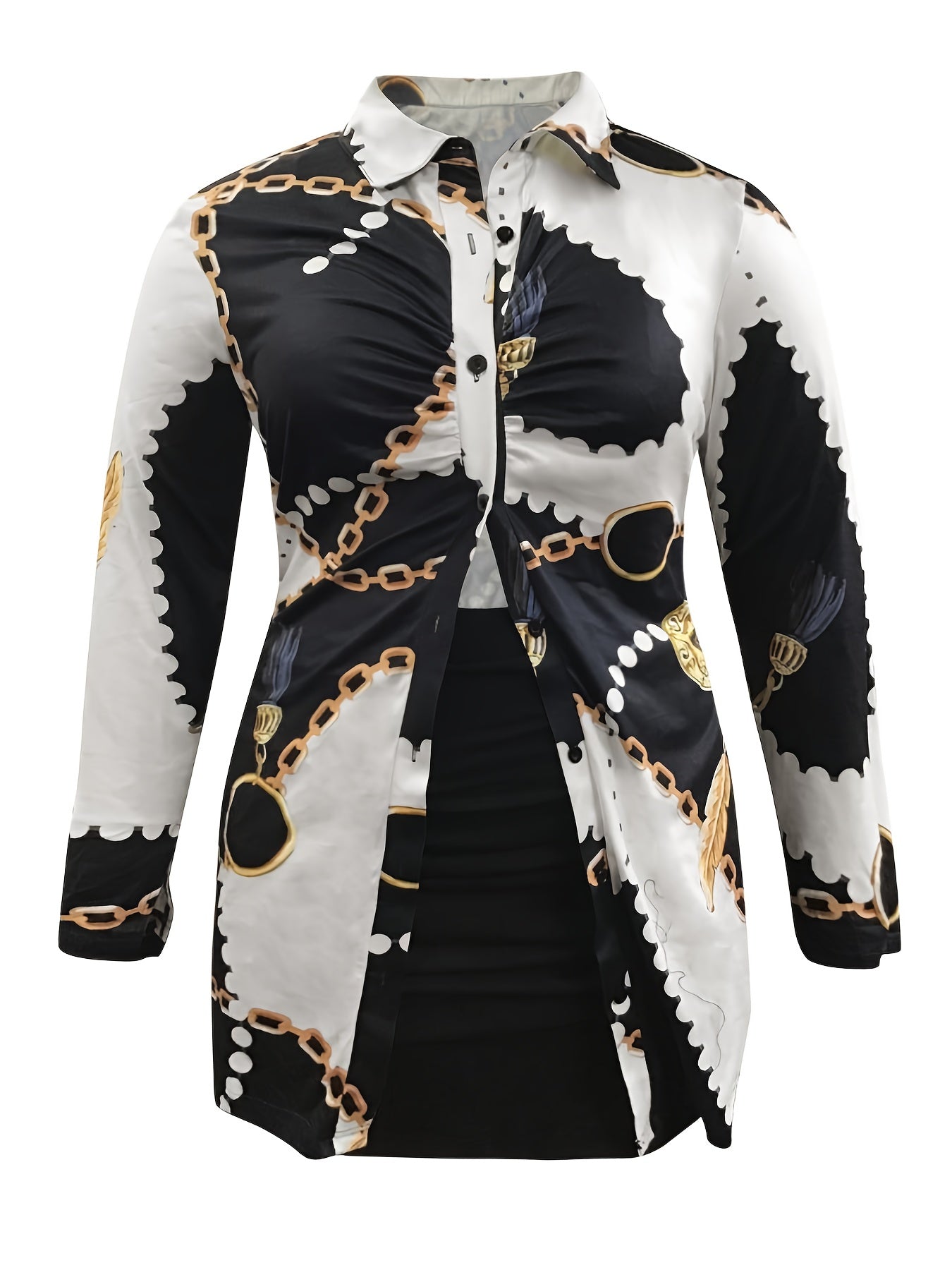 Chain Print Blouse & Solid Skirt 2 Piece Set