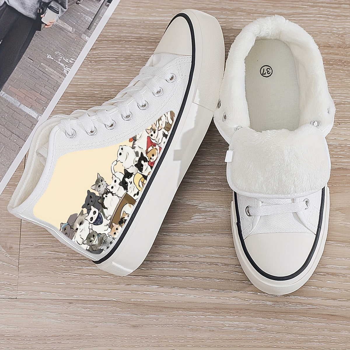 Kitten Print Plush Lined Thermal Chunky Canvas Sneakers