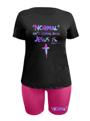 Ombre Slogan & Cross Print Top & Biker Shorts Set