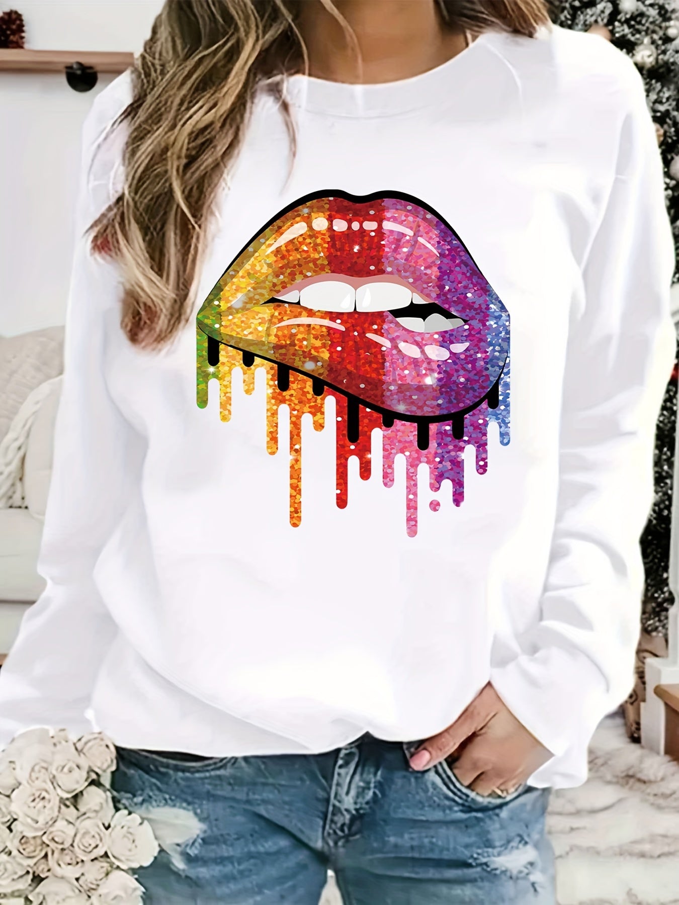 Colorful Lip Print Loose Sweatshirt Casual Long Sleeve