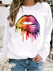 Colorful Lip Print Loose Sweatshirt Casual Long Sleeve