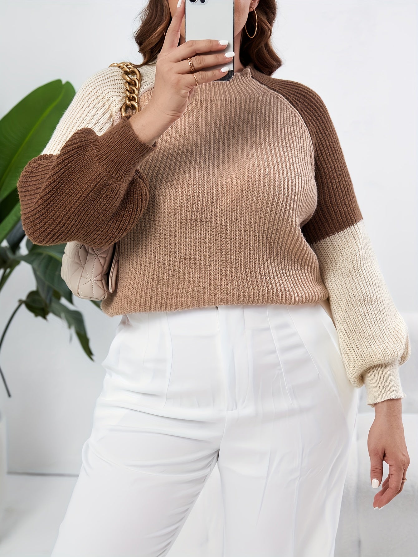 Colorblock Ribbed Sweater Women's Round Neck Pullover