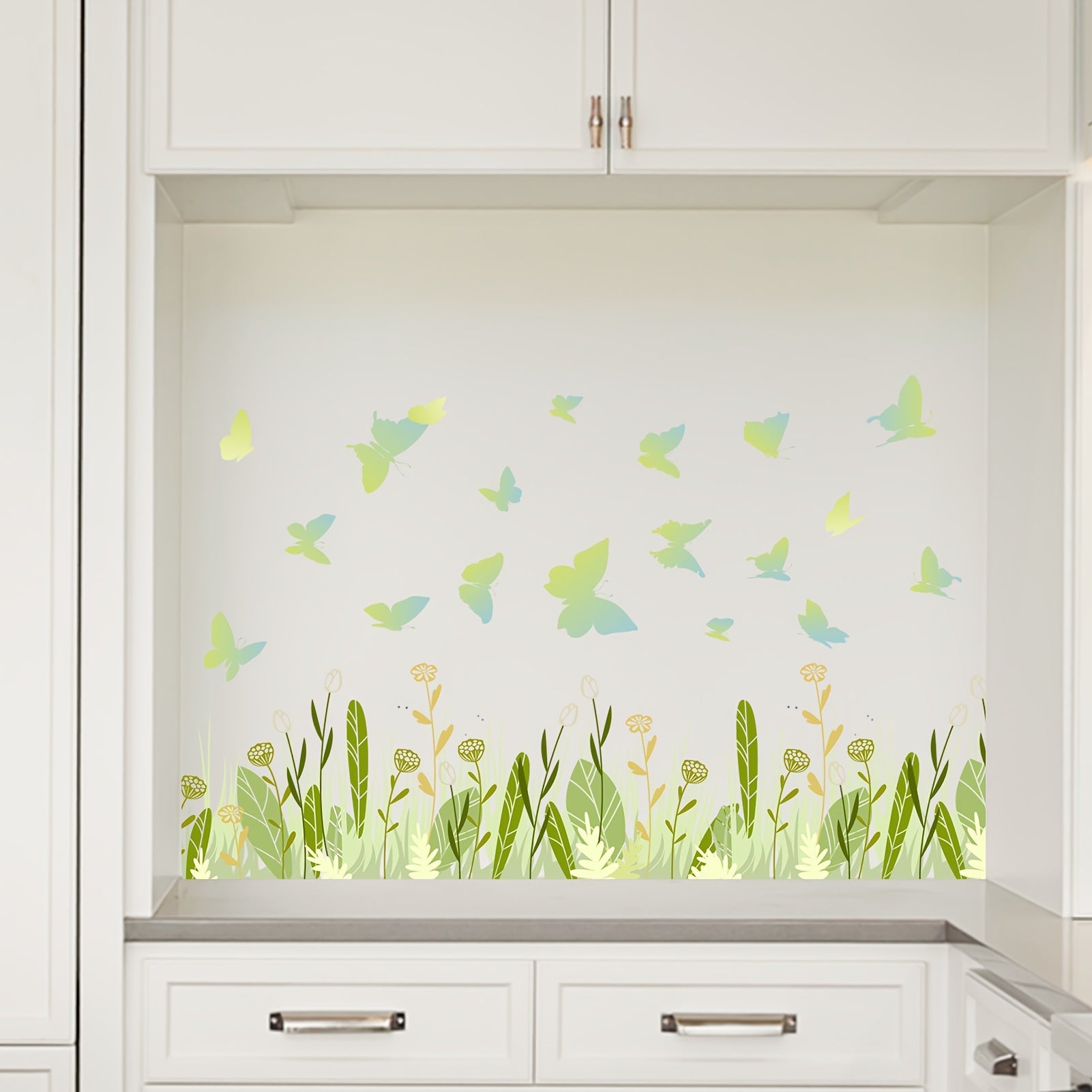 Green Plant Wall Stickers Green Grass Flowers Butterflies Wall Decals