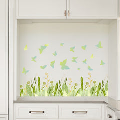 Green Plant Wall Stickers Green Grass Flowers Butterflies Wall Decals