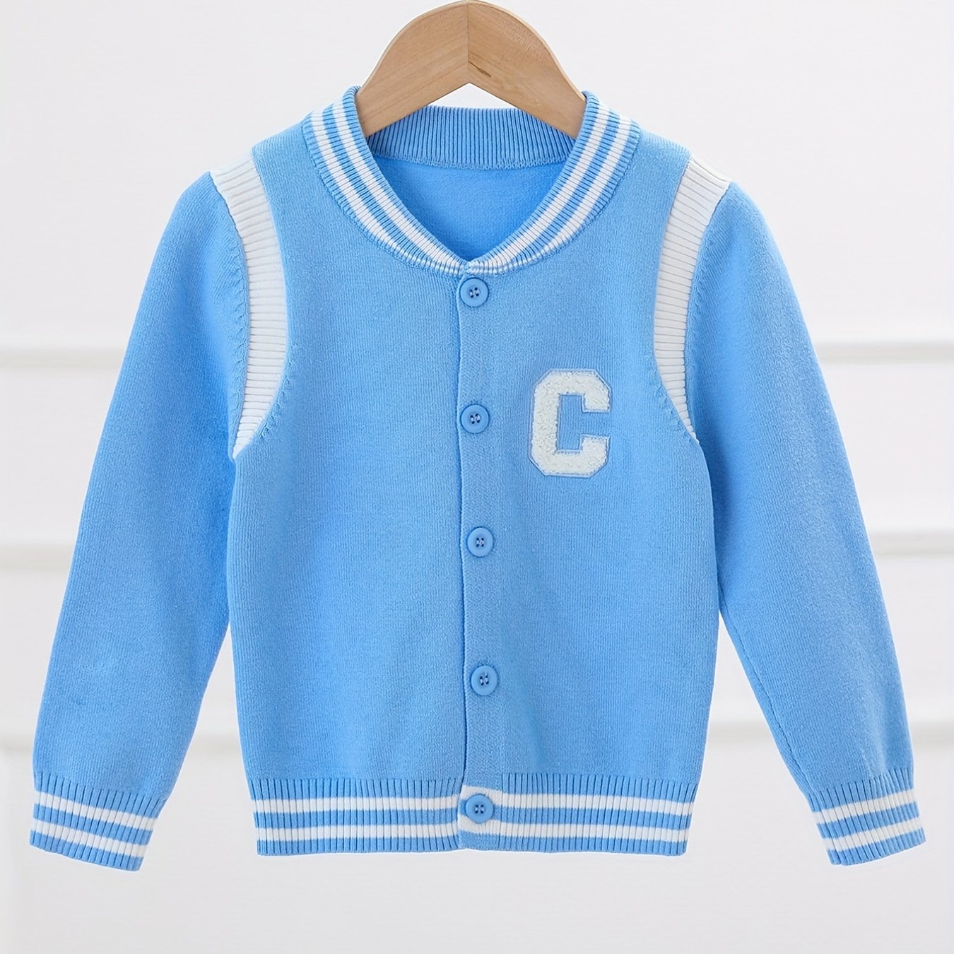 Boys Letter Embroidered Cardigan Sweater Crew Neck Tops