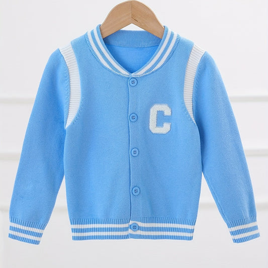 Boys Letter Embroidered Cardigan Sweater Crew Neck Tops