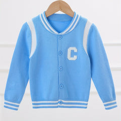 Boys Letter Embroidered Cardigan Sweater Crew Neck Tops