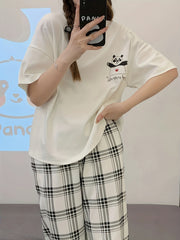 Panda Print Pajama Set Short Sleeve Top & Plaid Pants