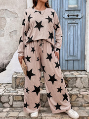Star Print Top & Wide Leg Pants Set
