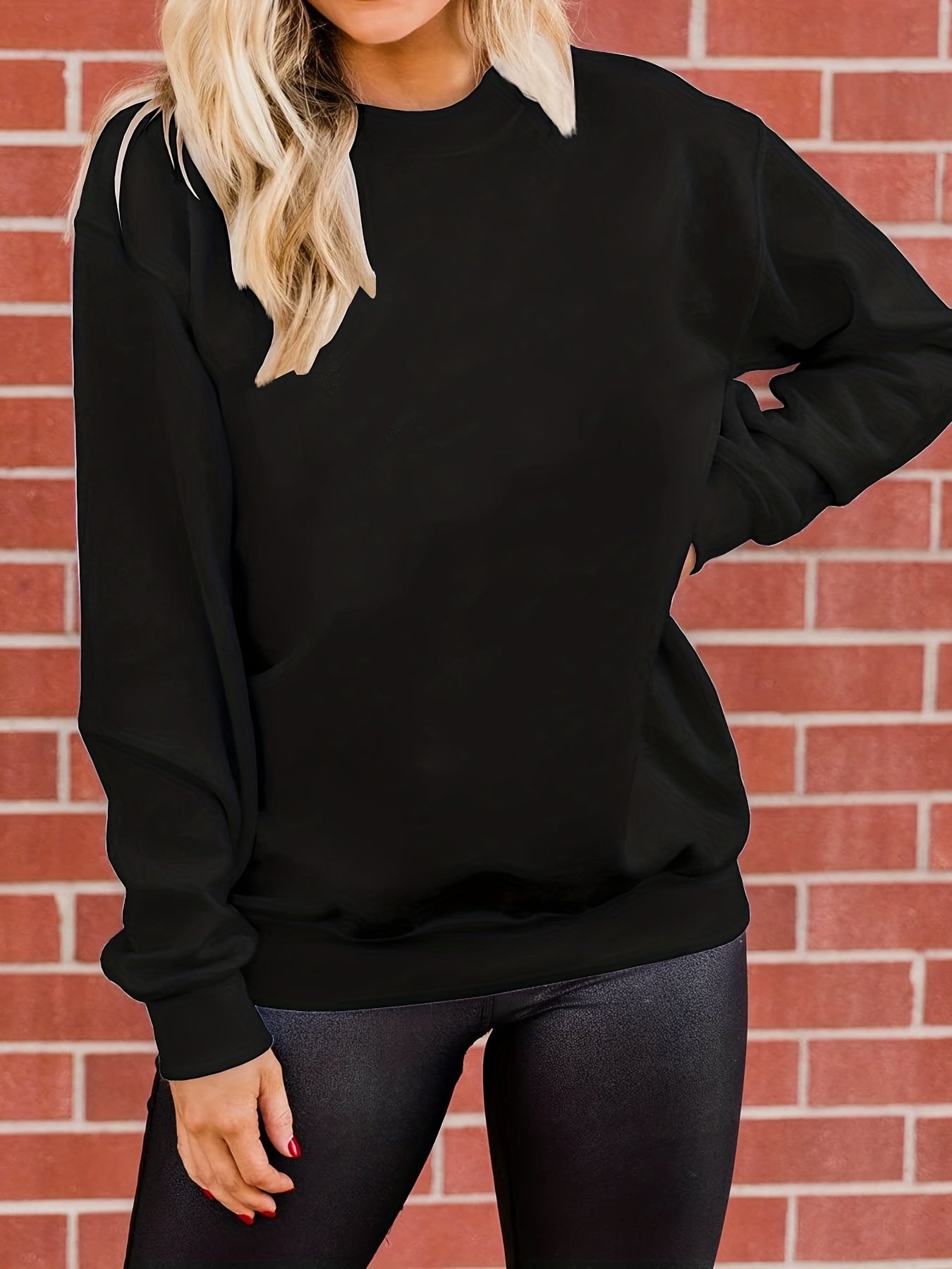 Solid Crew Neck Pullover Sweatshirt for Women