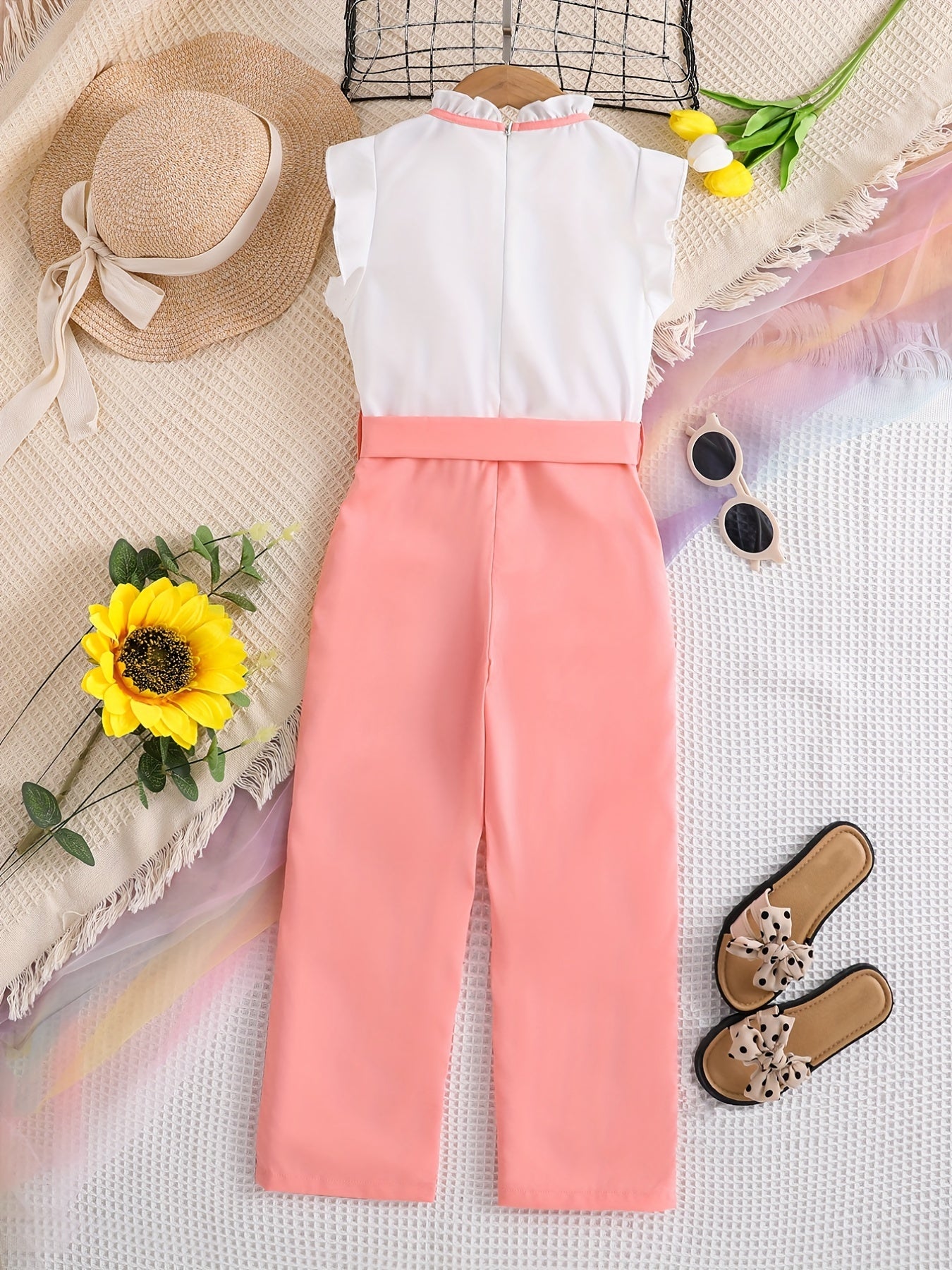 Girls Stand Collar Sleeveless Long Jumpsuit With Belt For Casual Outing