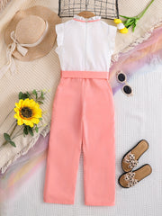 Girls Stand Collar Sleeveless Long Jumpsuit With Belt For Casual Outing