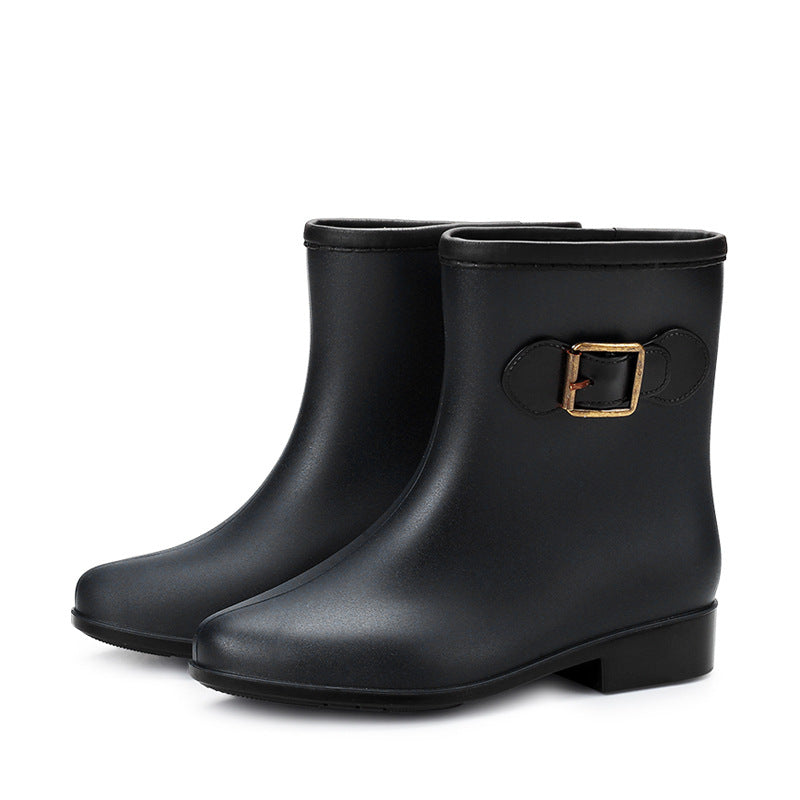 Women's Low Heel Rain Boots Round Toe Slip On Waterproof Shoes