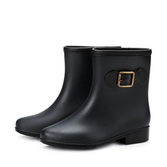 Women's Low Heel Rain Boots Round Toe Slip On Waterproof Shoes