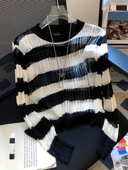Striped Crew Neck Sweater Long Sleeve for Women's Spring & Fall