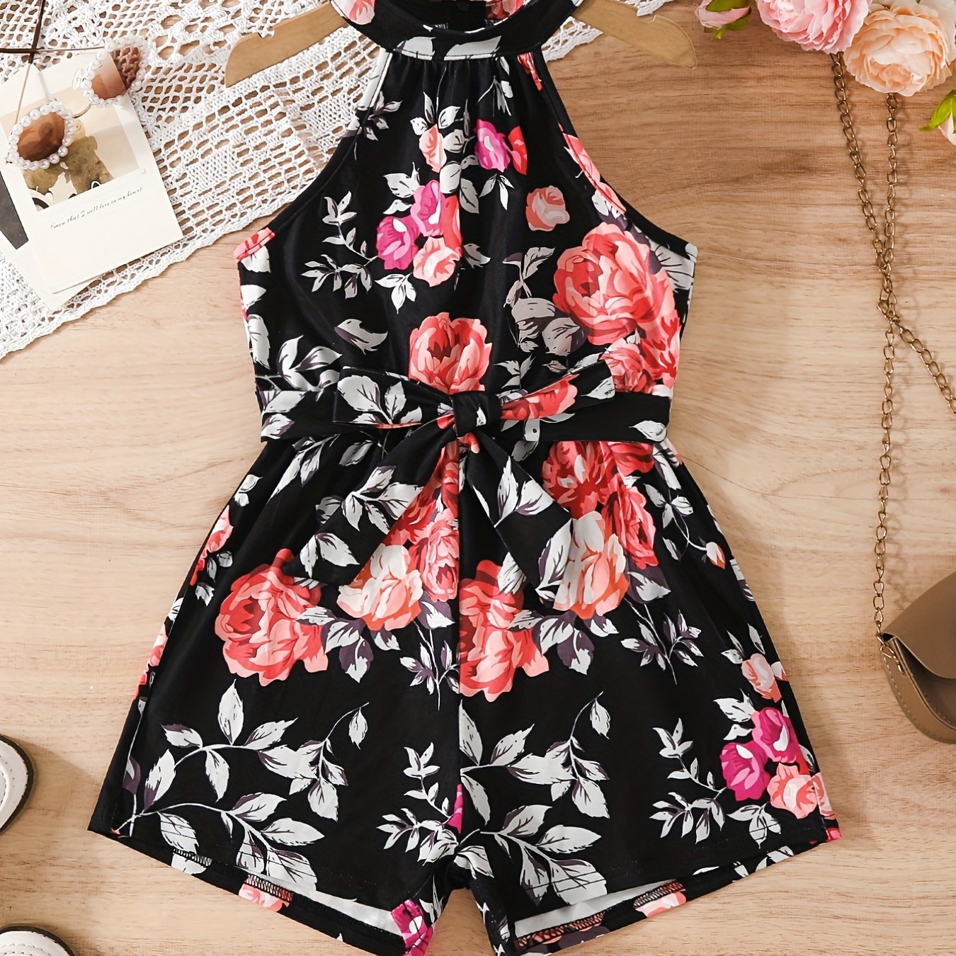 Girls' Rose Floral Print Halter Romper With Belt