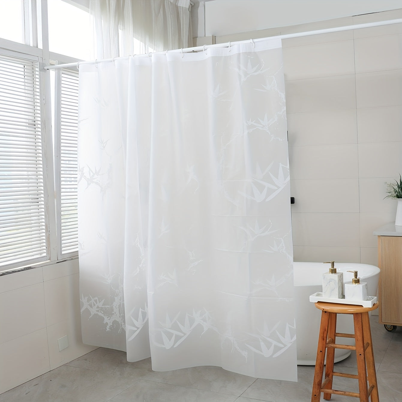 Waterproof Bamboo Leaf Shower Curtain with Hooks