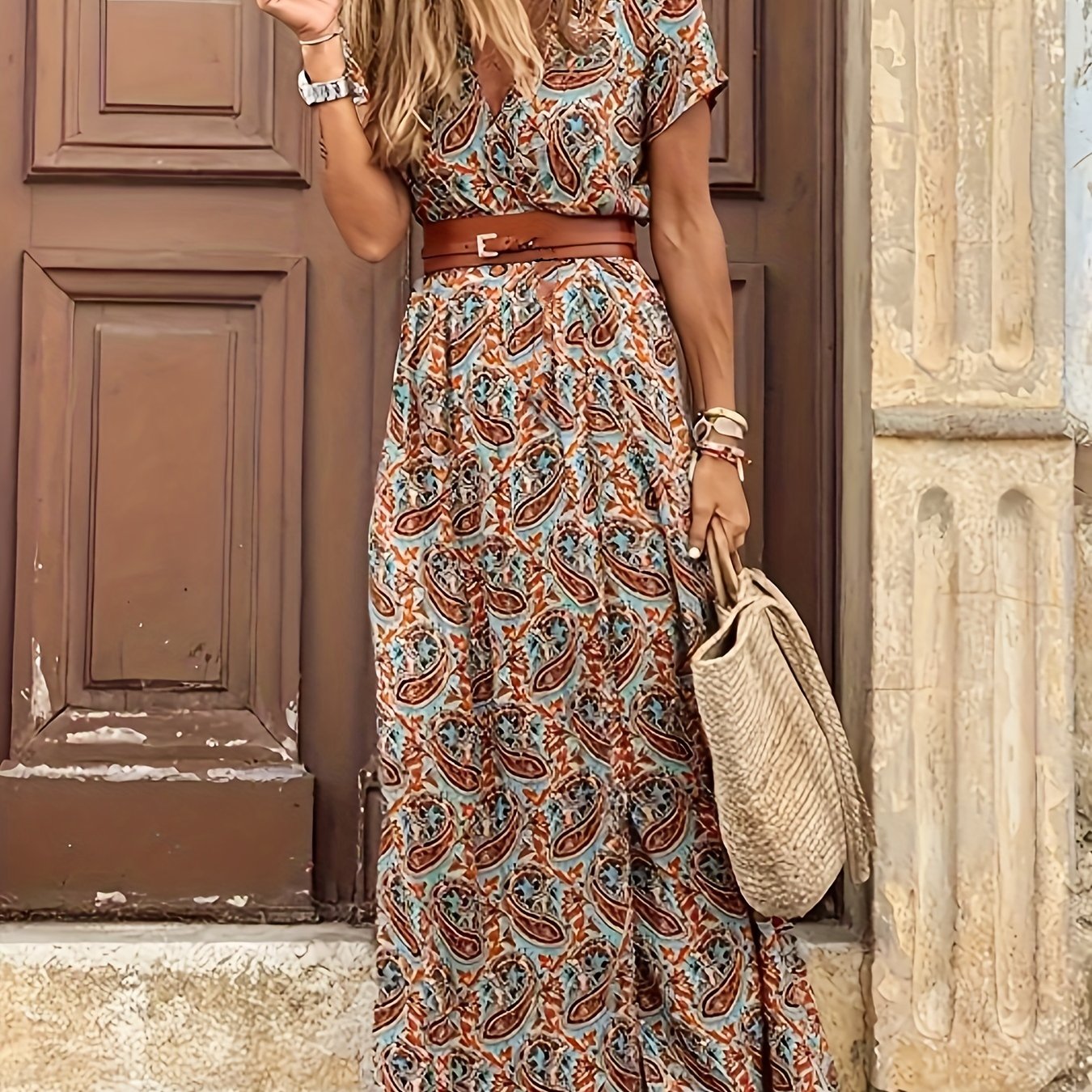 Paisley Print V Neck Dress Boho Casual Short Sleeve Dress