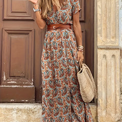 Paisley Print V Neck Dress Boho Casual Short Sleeve Dress